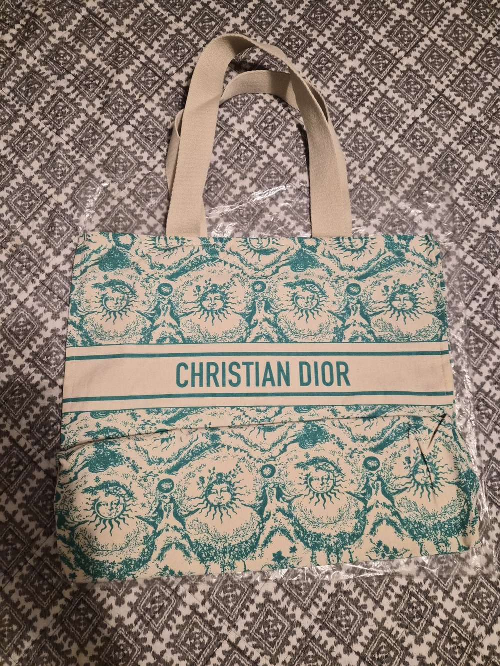 Dior Cream and Teal Logo Canvas Tote